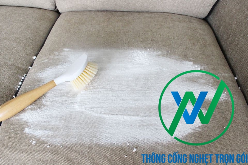 Rắc bột baking soda lên bề mặt sofa rồi dùng bàn chải cọ nhẹ để làm sạch bụi bẩn và khử mùi hôi